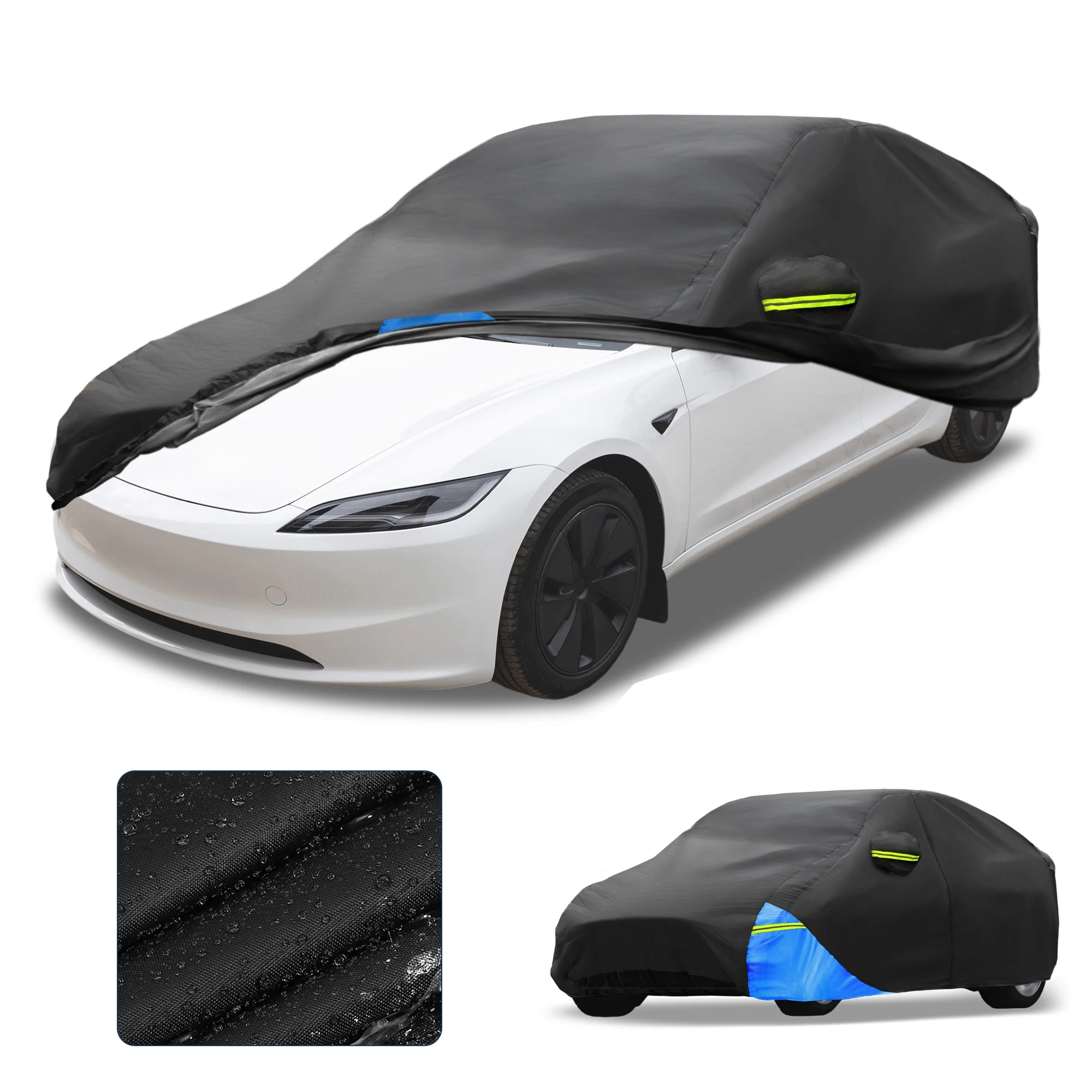 

Motoforti Waterproof Car Cover Car Outdoor Full Car Cover for Tesla Model 3 210DBlack Blue with Door Zipper