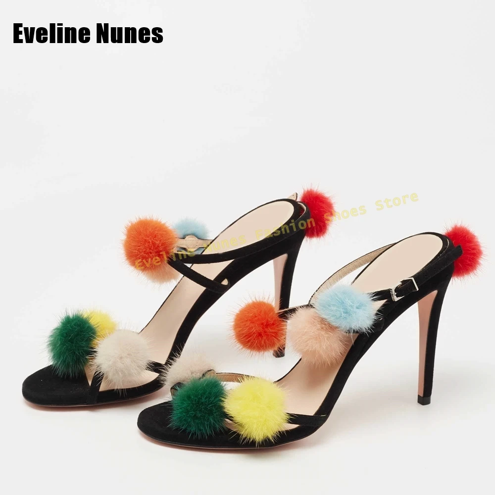 Suede Multicolor Pom Pom High Heel Sandals Women's Black Open Toe Stiletto Heel Ankle Strap Heels for Summer Beach Party 2026 view 3