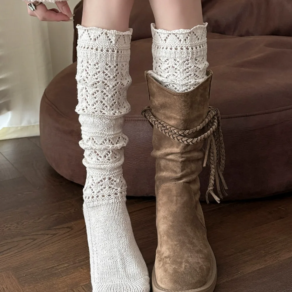 Lolita Wood Ear Edge Long Stockings for Women Autumn Breathable Mesh Thin Solid Color Long Hollow Loose Stacked Knee-socks Socks