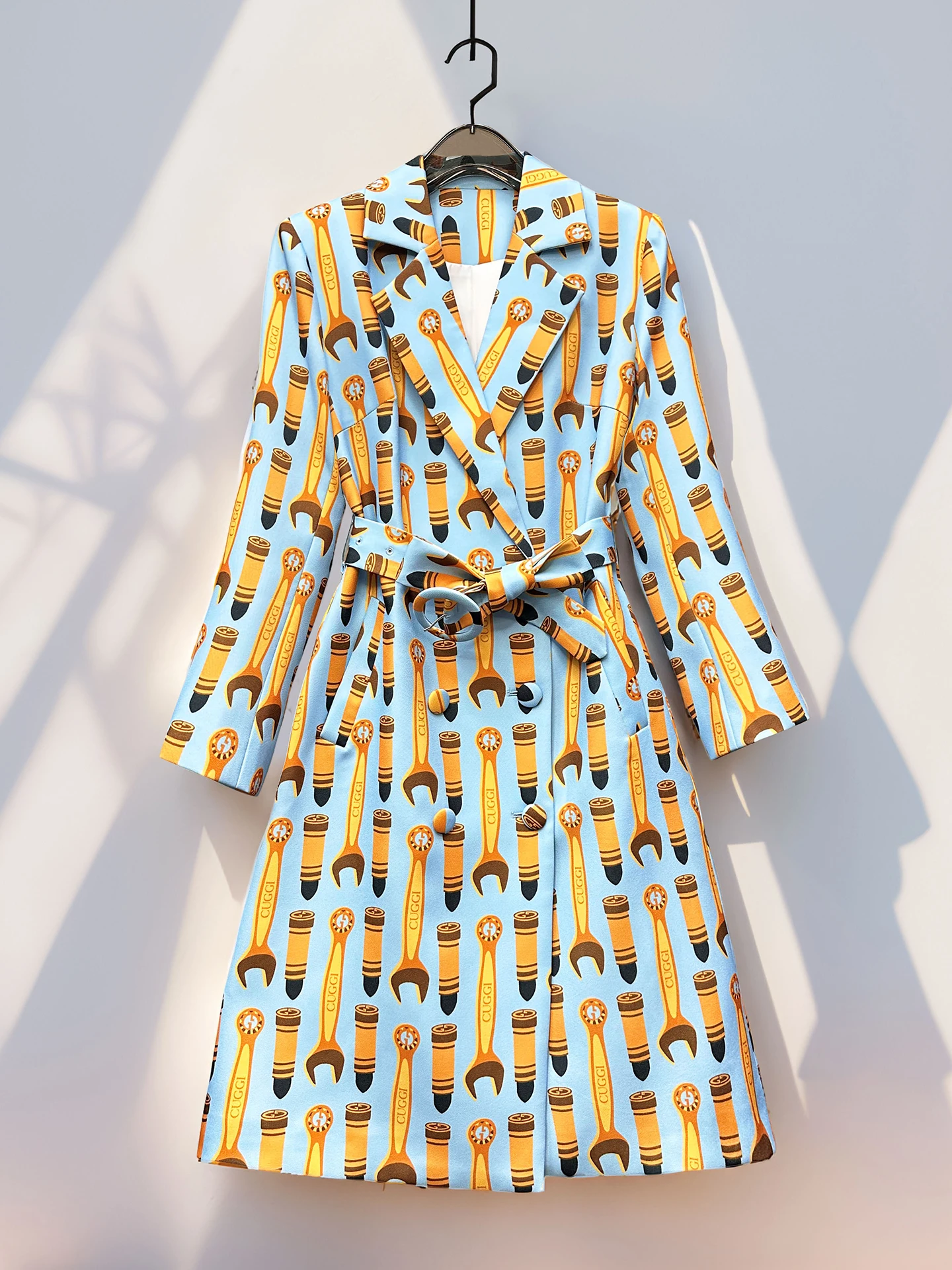 

French Style Elegant Commuter Long Sleeve Double-Breasted High Waist Lace-up Slim Fashion Printed Trench Coat Women Long Jacket