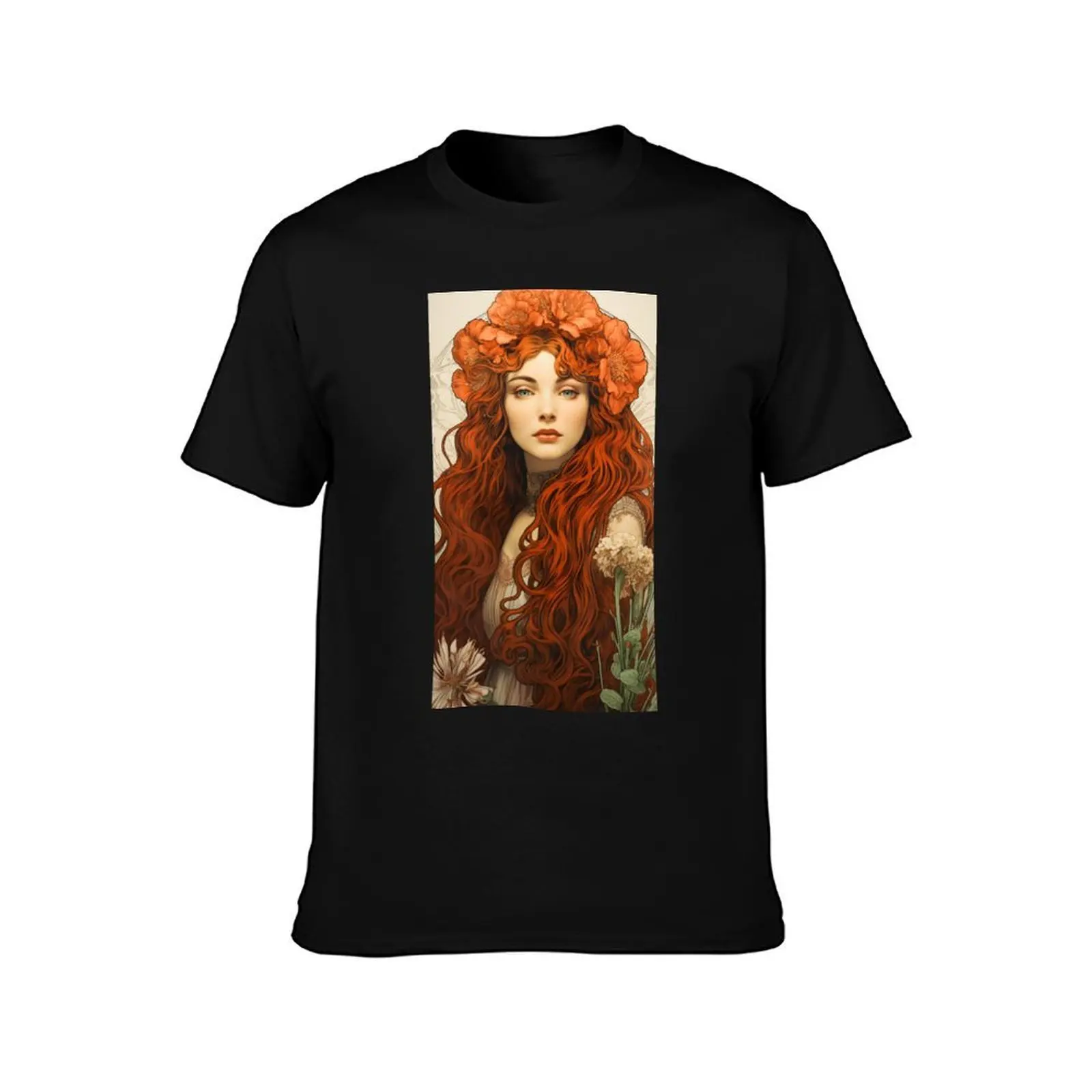 Red headed Art Nouveau Girl T-Shirt Art Pattern Printed Casual Top T-Shirt