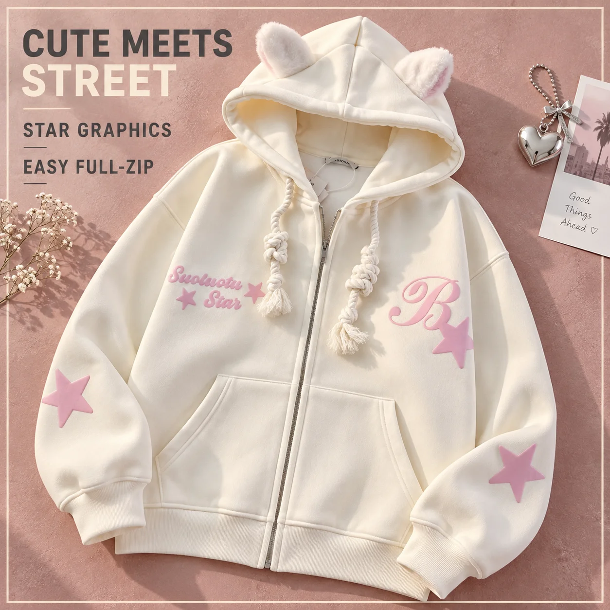 Y2k Clothes Harajuku Casual Star Print Ear Cardigan Sweatshirt Hoodies Men and Women Autumn Winter Oversized Loose Zip Up Hoodie