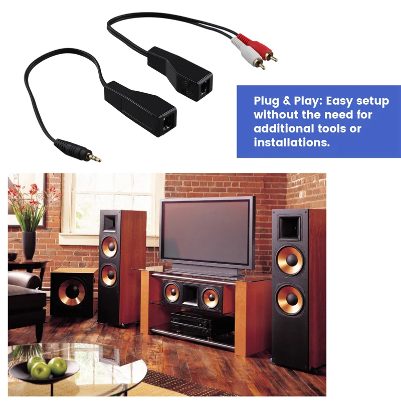 BTLIFE-DC3.5Mm Stereo And RCA Red White Audio Signal Balun Over Cat5/6 Cable RJ45 Female To DC3.5Mm &2Xrca Audio Cable