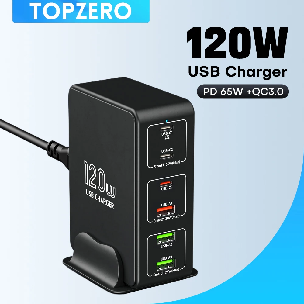 120W USB Type C Charger 6 Ports Desktop Charging Station For iPhone 14 Pro Max Samsung PD 65W Fast Charger For Laptop Tablet