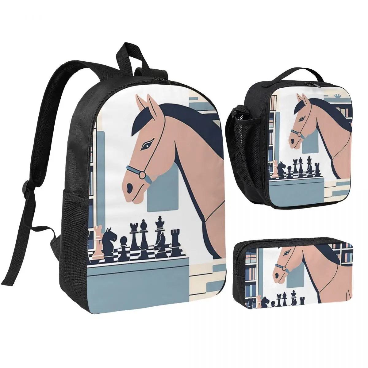 

Chess & Horse Backpack Boys Girls BookBag School Bag Shoulder Bags 3ps Insulated Lunch Bag Pencil Case