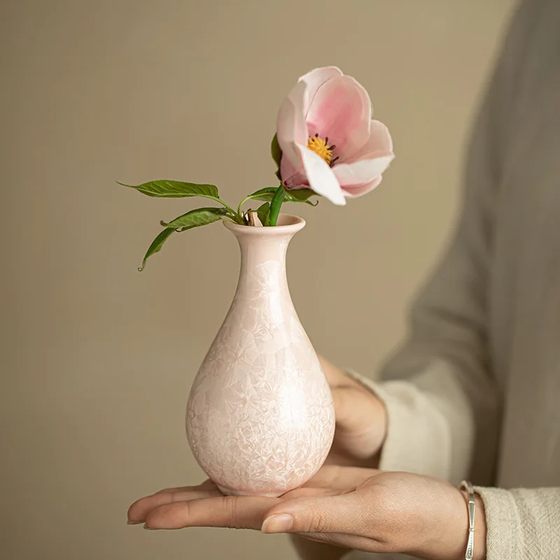 Handmade Crystalline Glaze Kiln Change Small Vase Pink Flower Insert Ceramic Crafts Ornament Decorative Accessories Decoration