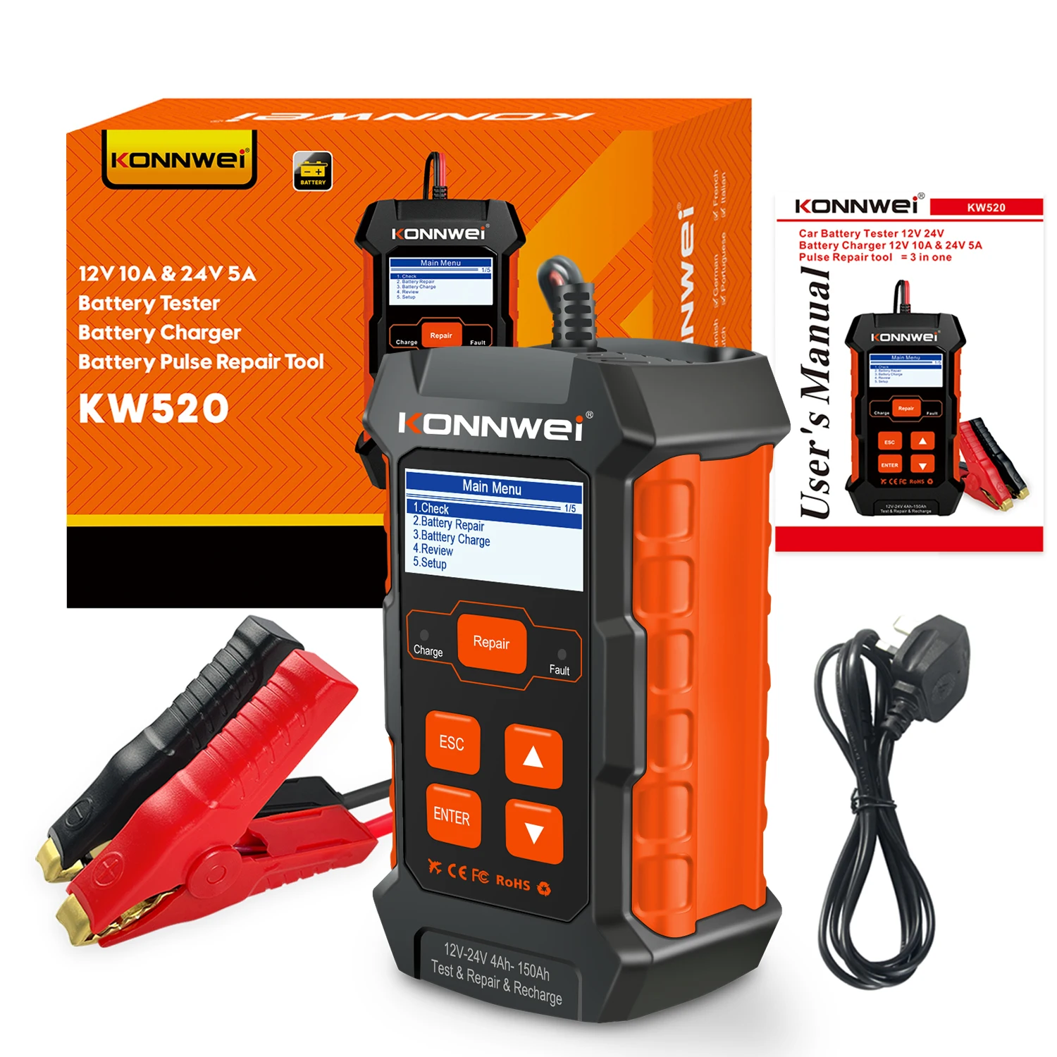 

KONNWEI KW520 12V 10A 24V 5A Automatic Car Truck Battery Tester Charger Lead Acid Car Battery Pulse Repair Tool AGM Gel Lithium