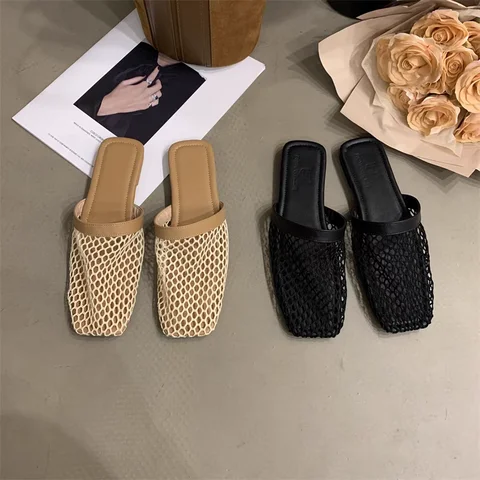 Женские тапочки с круглой головкой, домашние нескользящие сандалии на плоской подошве с бриллиантами, шлепанцы с круглой головкой, нишевые полые балетки с рыбьей сеткой для