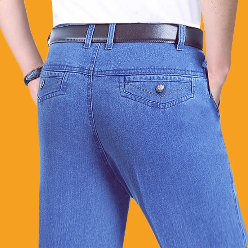 Loose Straight Leg Jeans Elastic High Waist Wide Leg Thin Men's Jeans Spring Autumn Middle Aged And Elderly Casual Pants