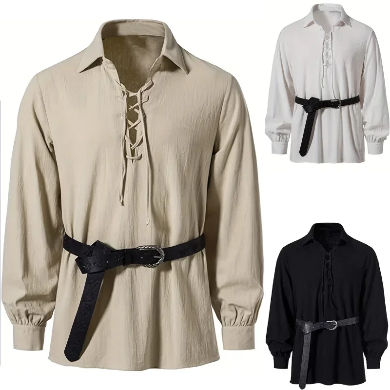 Men Vintage Medieval Viking Pirate Lace Up Shirt, Renaissance Long Sleeve Blouse Top With Belt, LARP Halloween Cosplay