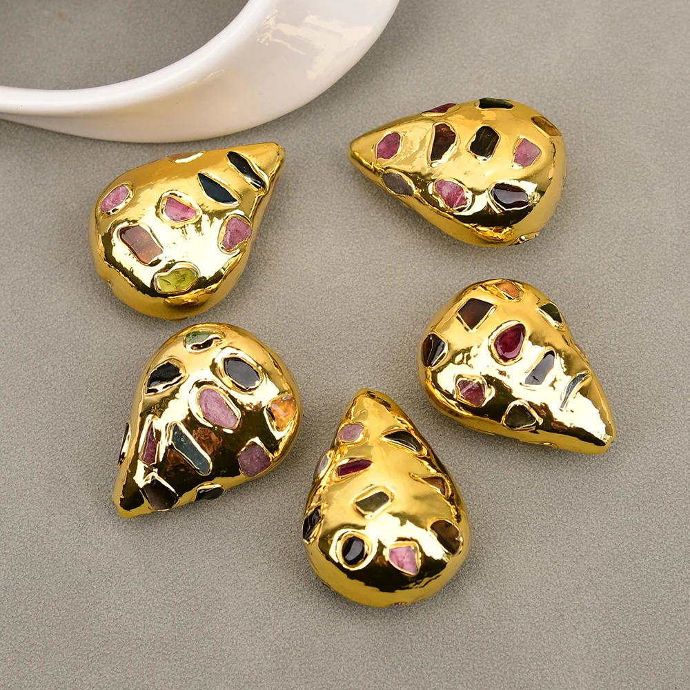 APDGG 5 Pcs Natural Mix Color Tourmaline Stone Tear Shape Gold Edged Spacer Beads Connector For Jewelry Making DIY