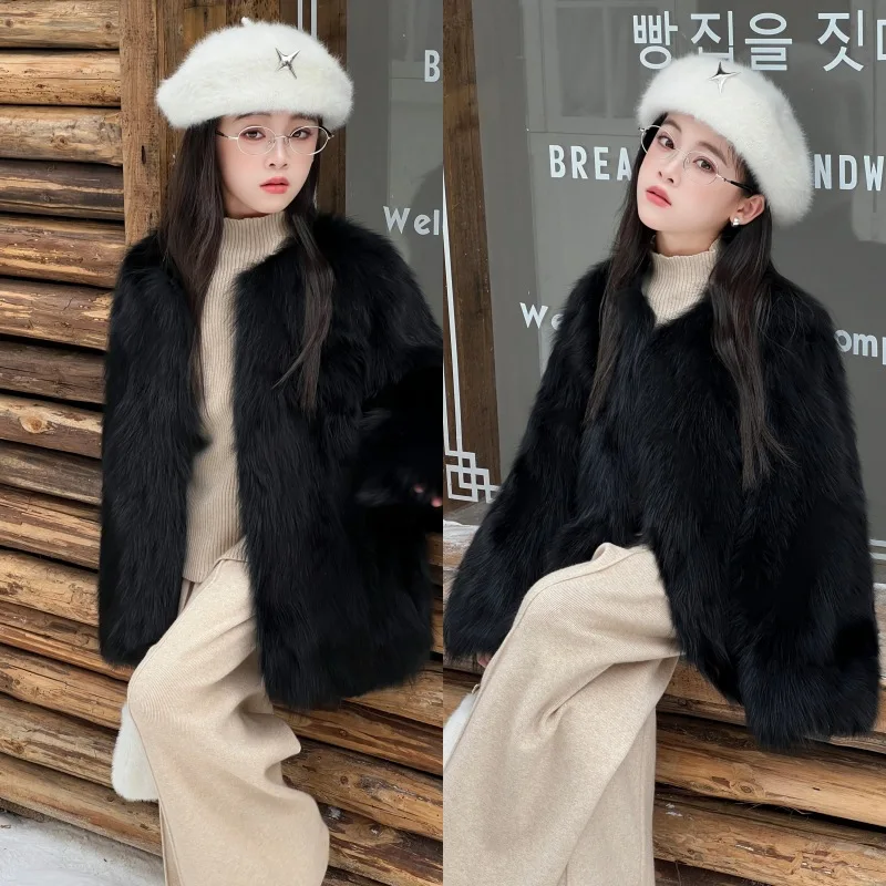

Children Faux Fox Fur Coats Fur Jacket Solid Round Neck Long Sleeve Coverd Button Thick Warm Fur Loose Casual 2025 Autumn Winter
