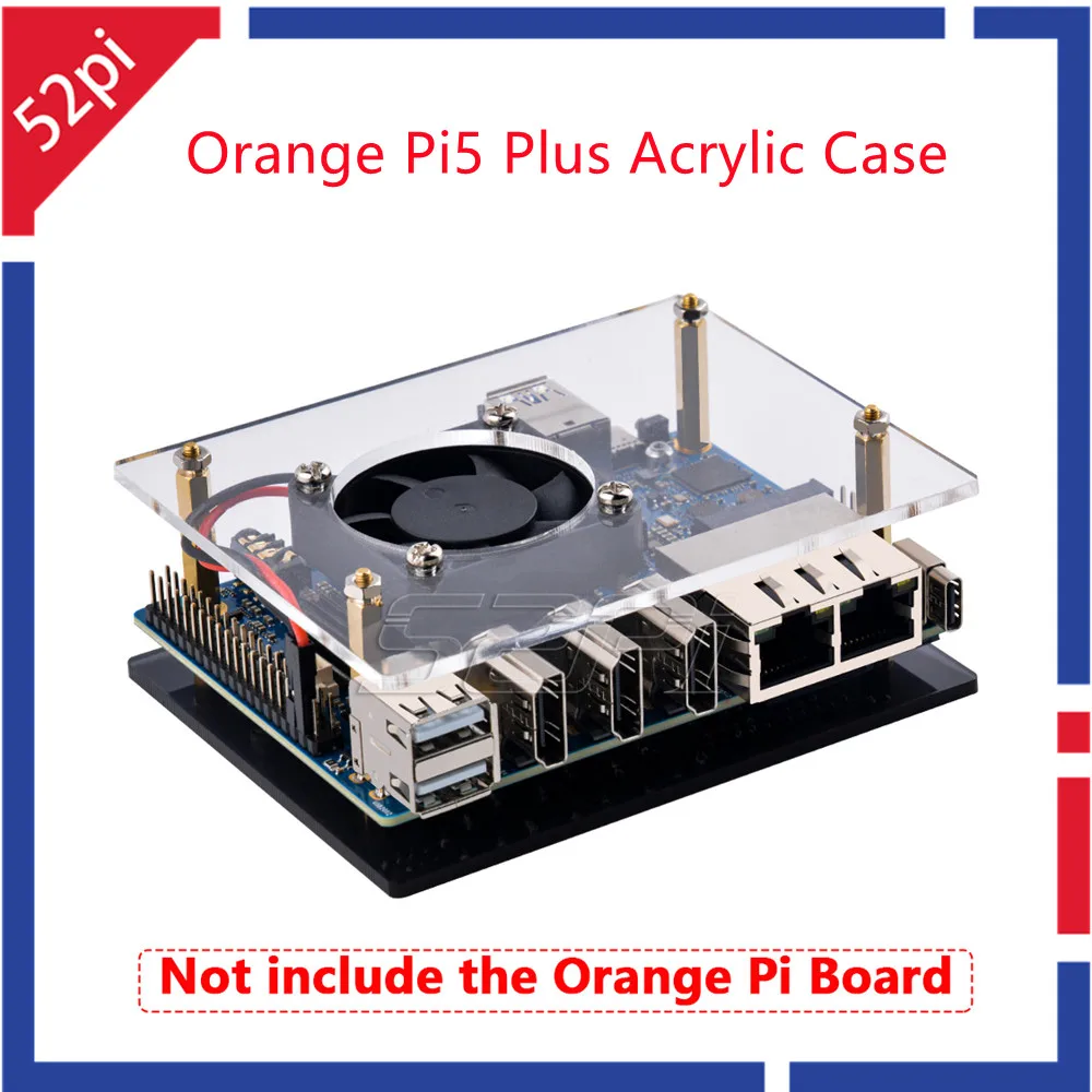 Kit pemula casing akrilik Pi5 Plus oranye 52Pi dengan 4010 kipas penyerap panas otomatis menyala