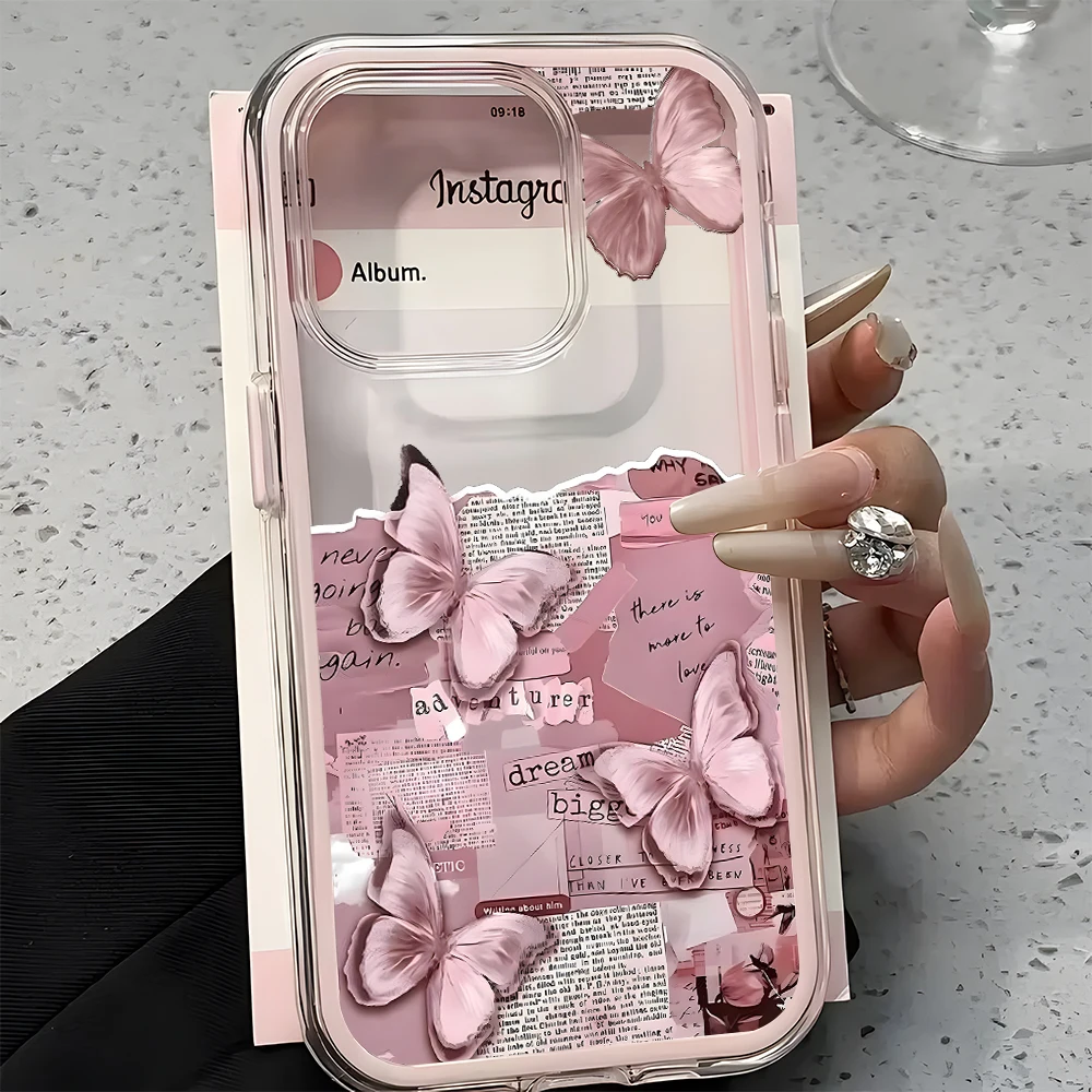 Pink Butterfly Collage 2in1 Clear Phone Case For Samsung Galaxy S26 Ultra S25 S23 S24 S22 Plus A37 A57 A55 A54 A36 A35 A16 Cover