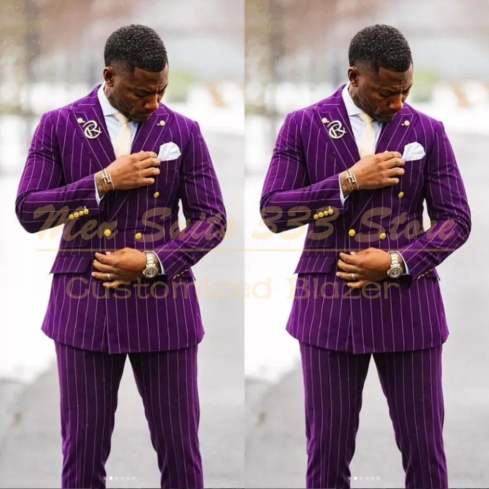 Luxury Stripe Men's Suits Formal Double Breasted Peak Lapel Slim Fit Male Clothing High Quality 2 Piece Jacket Pants Outfits