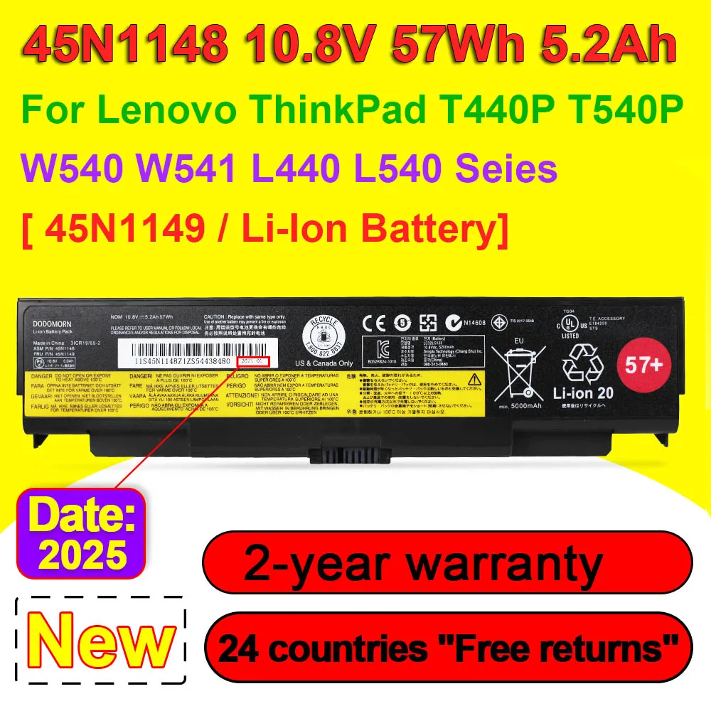 

45N1148 Laptop Battery For Lenovo ThinkPad T440P T540P W540 W541 L440 L540 Series 45N1146 45N1147 45N1149 10.8V 57Wh 5.2Ah 57+