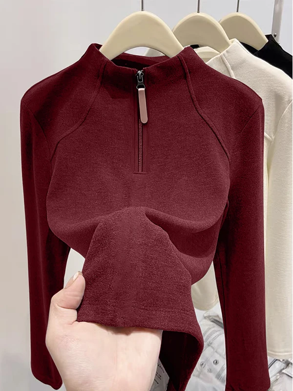 

Double-Sided Fleece Long Sleeve Hoodie Women's Winter Large Size Slimming Inner Warm Base Shirt Top Zipper Stand Collar