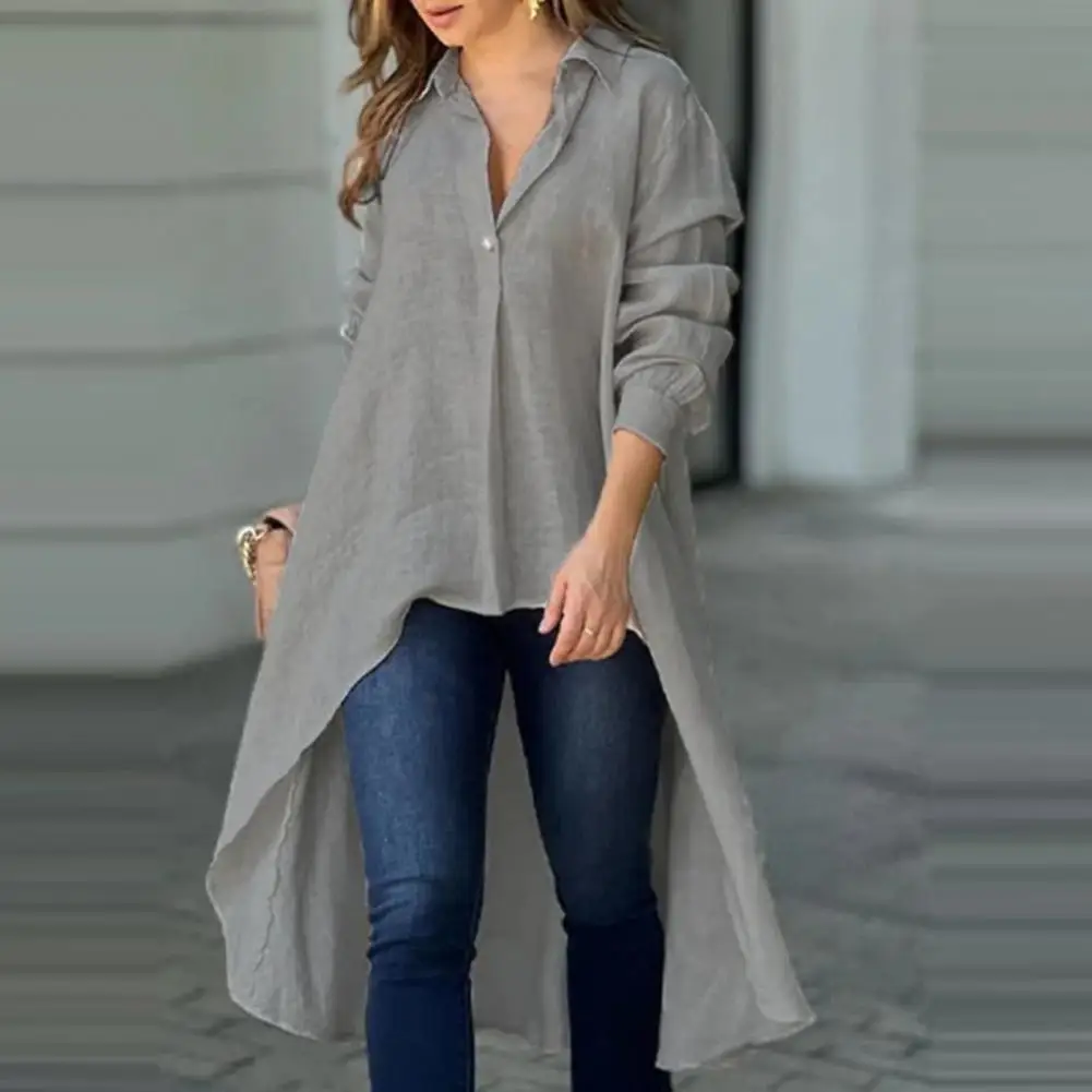 Thin Shirt Tops Women Tops Elegant Women's Lapel Button Neckline Long Sleeve Shirt with Irregular Hem Loose Fit for Workwear