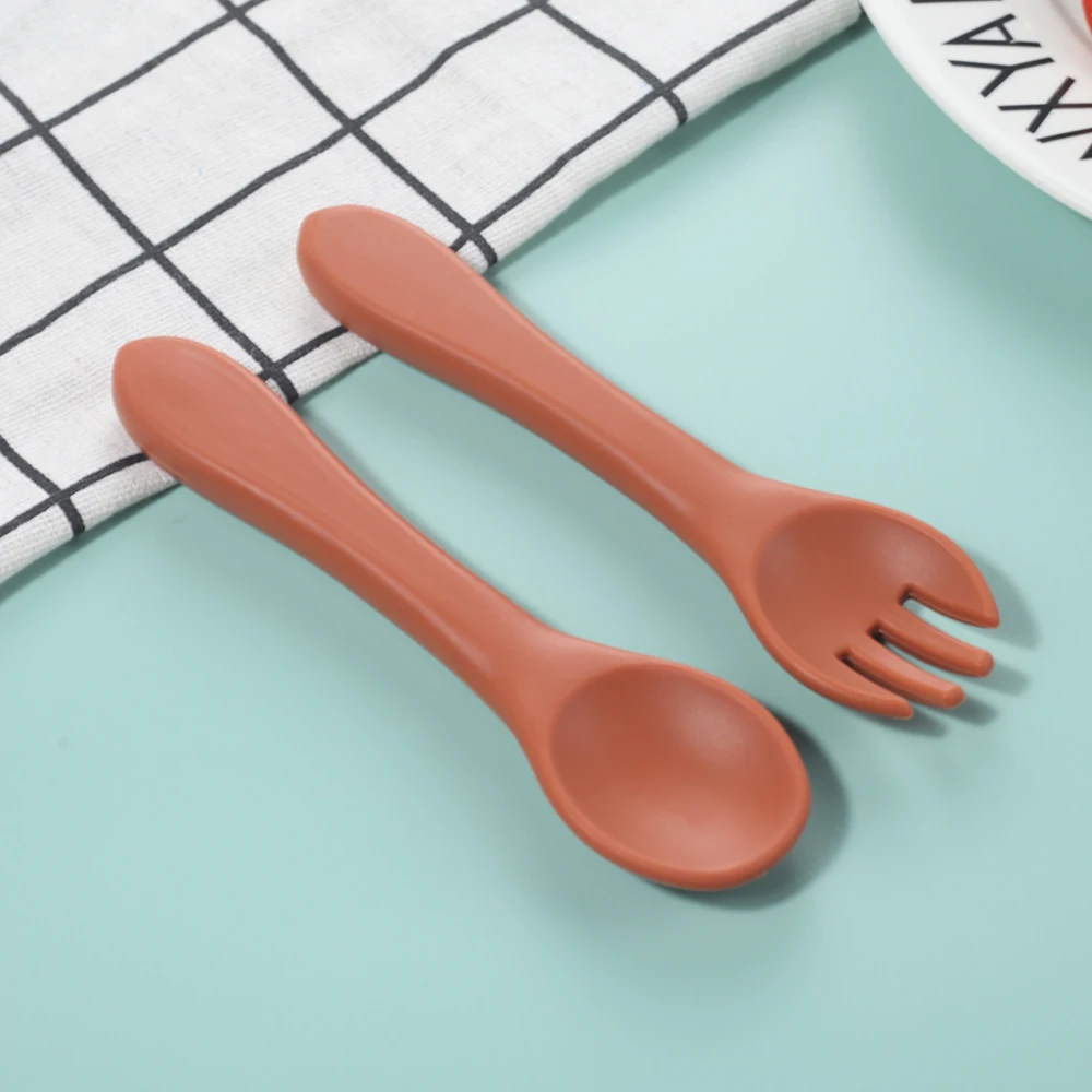 Silicone food grade silicone long handle silicone fork and spoon set 2pcs silicone baby feeding dinning spoon set