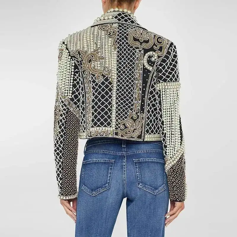 Fashion Heavy Industry Embroidery Nail Bead Inlaid Diamond Short Jacket Women's Lapel Long Sleeves Jackets New 7A3UH1