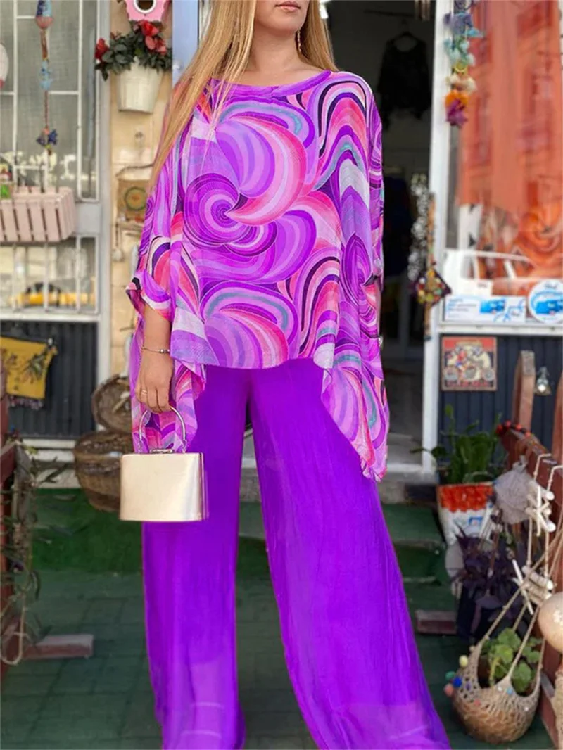 Lady Colorful O Neck Loose Suit Casual Chiffon Set Three Quarter Sleeve Top Wide Leg Pants Women Outfit Comfortable 2 Piece Sets