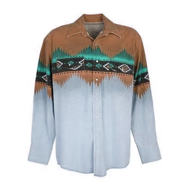 Men's Western totem tribe lapel long -sleeved shirt soft material 2023 new style casual outdoor men's top shirt