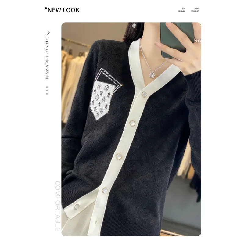 Damski kardigan z dzianiny w stylu \"mały zapach\", dekolt w serek, kontrastowy, jesienno-zimowy sweter, kurtka, elegancki top.