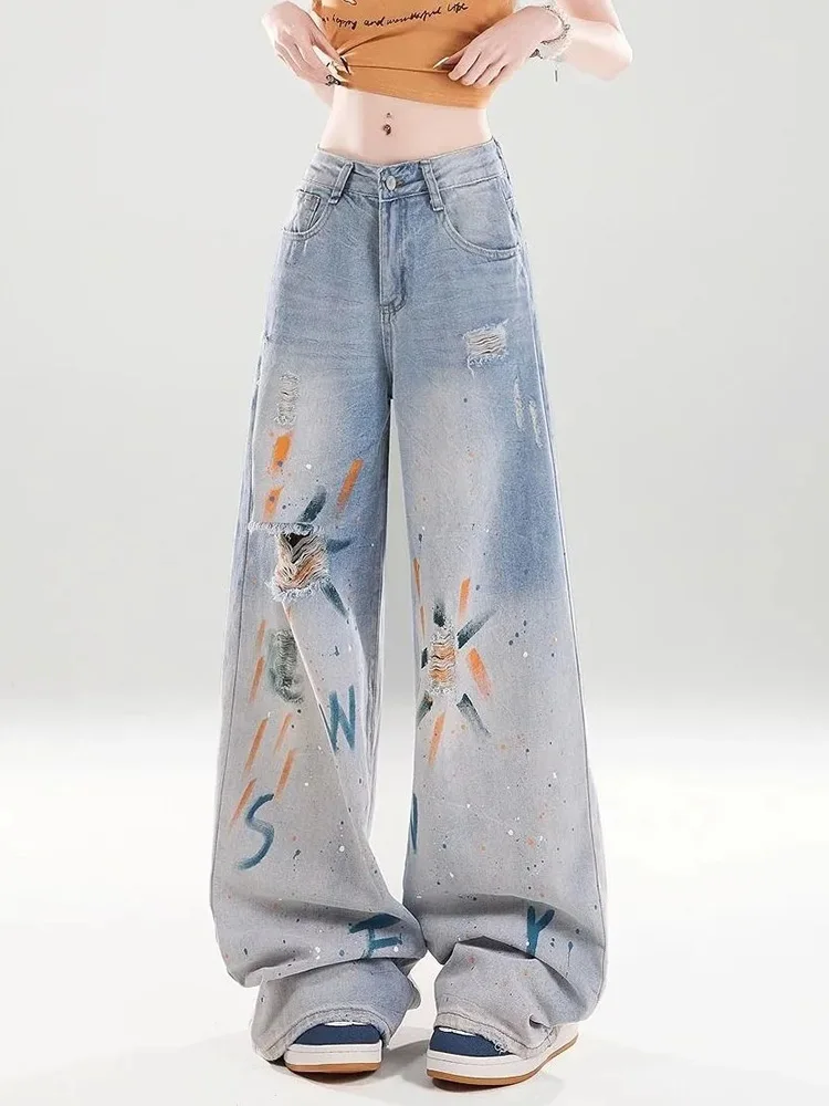 Hole Painted Vintage Jeans Women High Waist Streetwear American Hip Hop Denim Pants Loose Retro Female Pockets Print Trousers