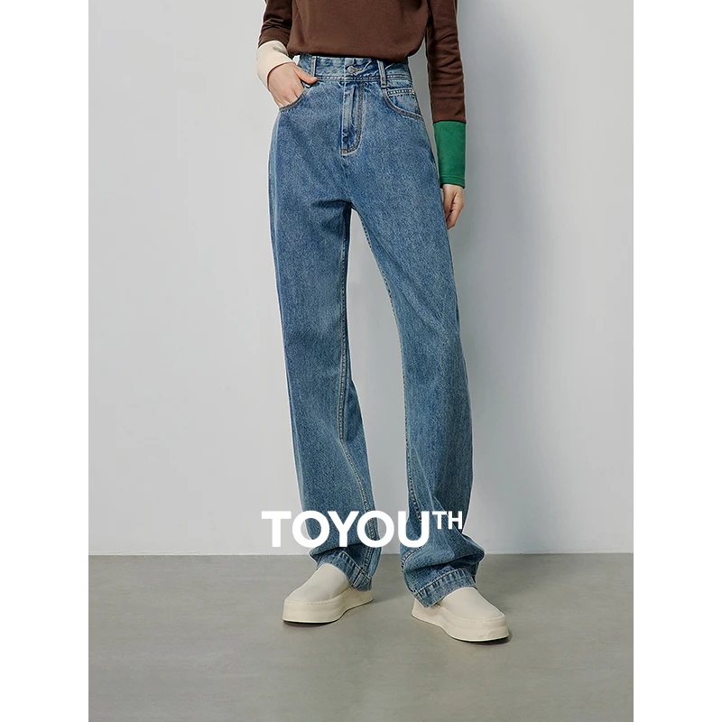 Toyouth Women Jeans 2024 Spring High Waist Straight Long 100% Cotton Denim Pants Comfortable Soft Versatile Trousers