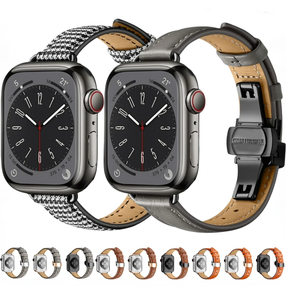 

Slim Leather Strap for Apple Watch band 44mm 40mm 45mm 41mm 46mm 42mm38mm 49mm Bracelet iWatch Series 10 Ultra 9 8 7 6 5 SE Belt