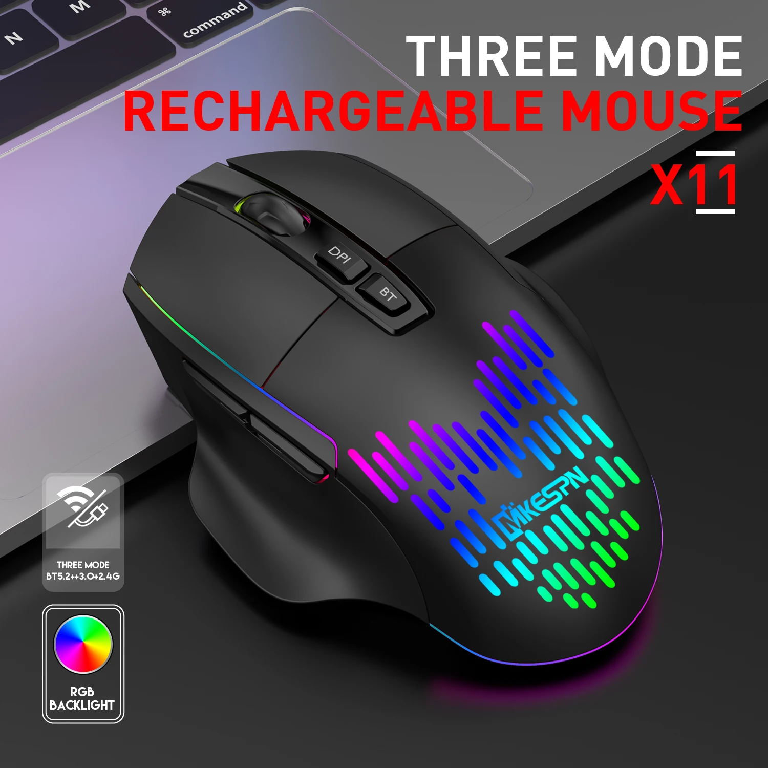 

Colourful RGB Lighting Effects Rechargeable Silent Mice Thri-model Wireless Bluetooth Ergonomics Optical Mouse For Office Game