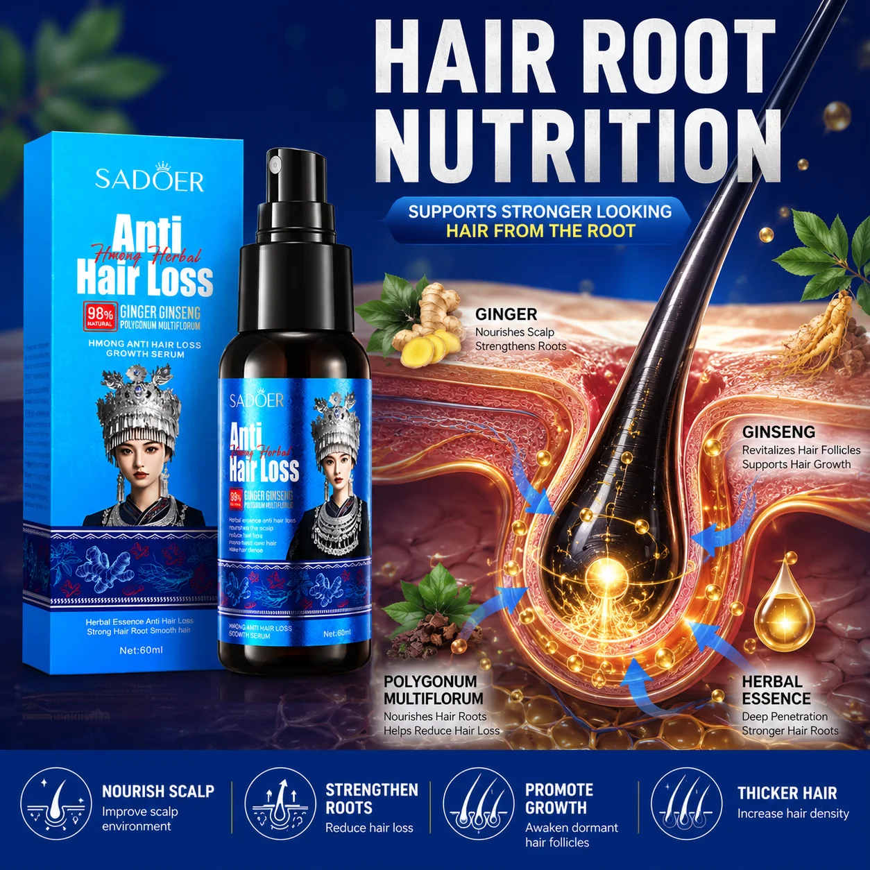 HMONG Herbal Hair Growth Spray Anti Hair Loss Serum Rapid Regrowth Treatment Follicle Booster Root Repair Thick Fuller Hair 60ML
