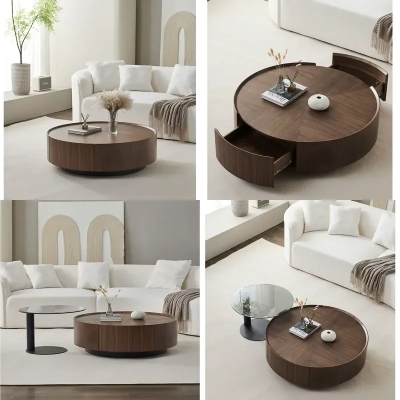 for  Modern Wooden Living Room Coffee Table with Drawers Retro Round Set with Side Table