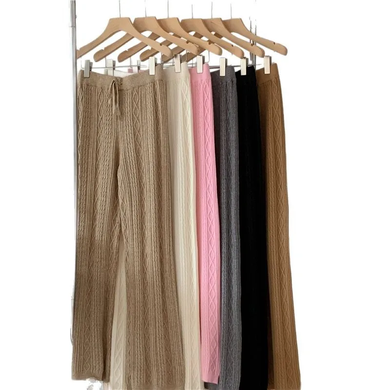 레트로 다이아몬드 니트 와이드 레그 팬츠 여성용 가을 겨울 부드러운 드레이핑 스트레이트 레그 루즈 슬리밍 캐주얼 롱 팬츠