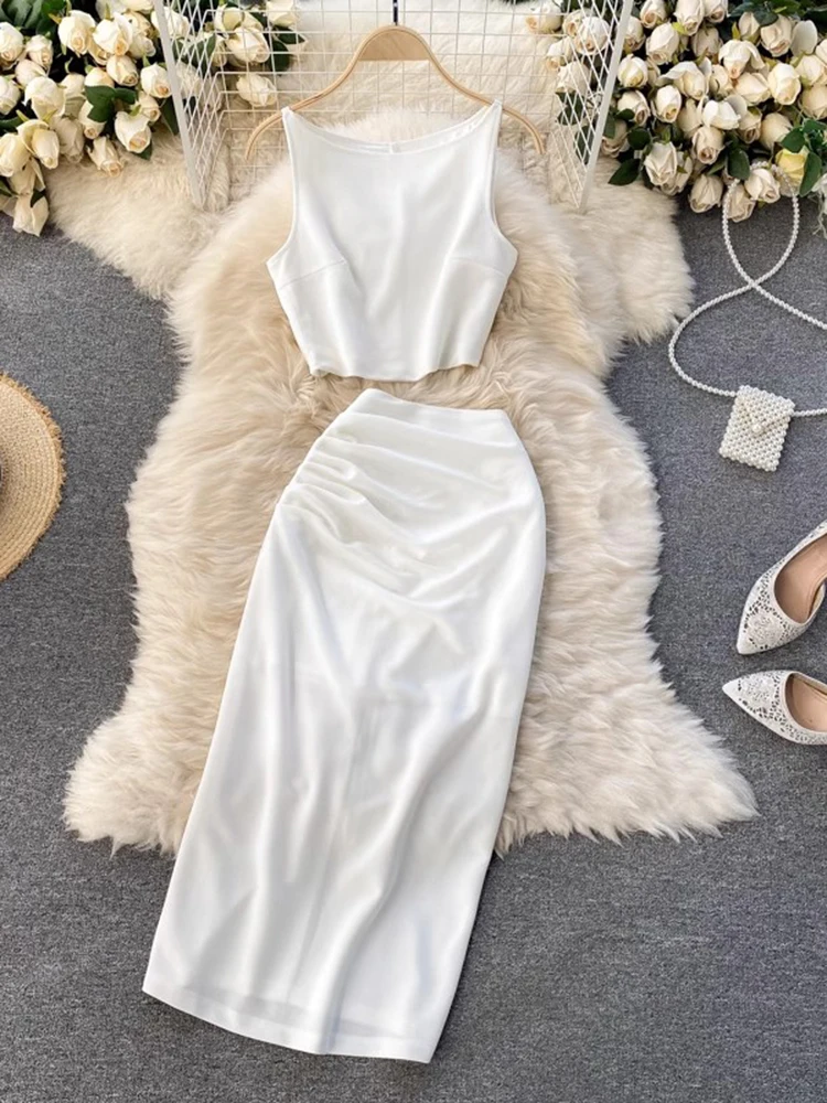 2025 New Summer Elegant Two Piece Set Women Solid Color O-neck Vest Short Tops + High Waist Package Hip Midi Skirt Female Suit