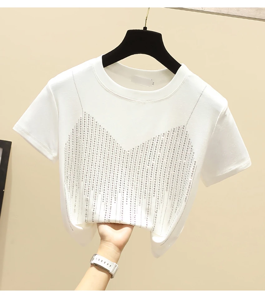 Sommer Frauen Strass T-shirt Einfarbig Rundhals Kurzarm Top Koreanische Casual Mode Weibliche Shiny Tees