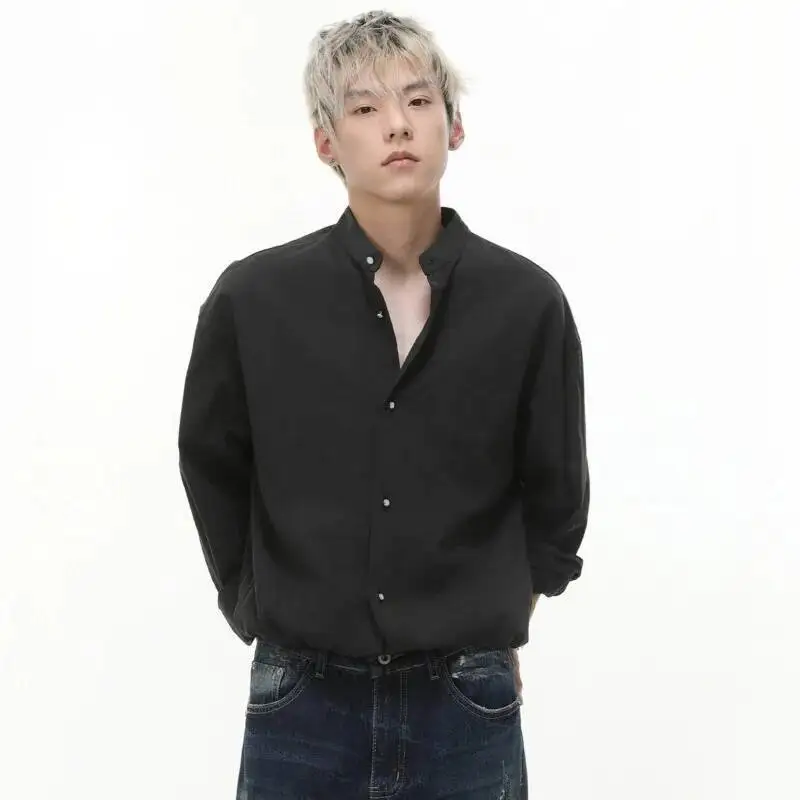 

Korean Style 2025 Autumn Niche Design Men Shirts Stand Collar Solid Color Tops Long Sleeve Single Breatsed Male Shirt