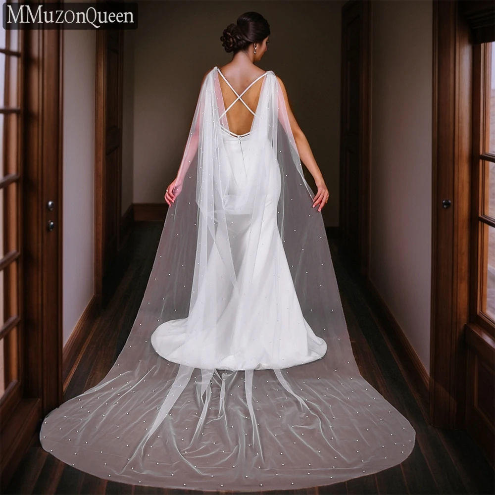 MMQ MG38 Long Pearls Bridal Shawl Cathedral Wedding Beaded Cloak Tulle Bride Dress Cape Woman Wedding Accessory DIY Customizable