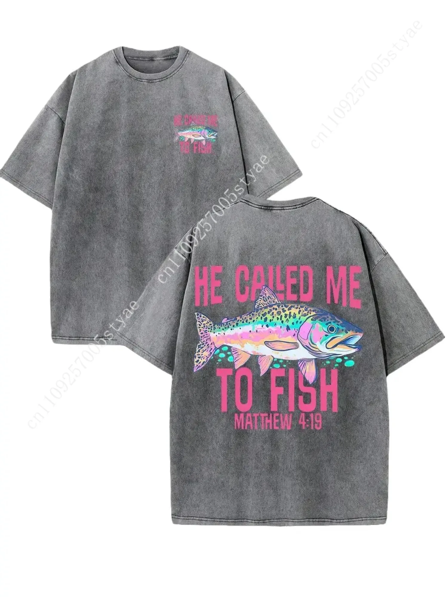 Retro Washed T-Shirt Double Sided Printed (230 Pure Cotton T-Shirt) 'HE CALLED ME TO FISH'  Letter And FISH Pattern Print, Mens