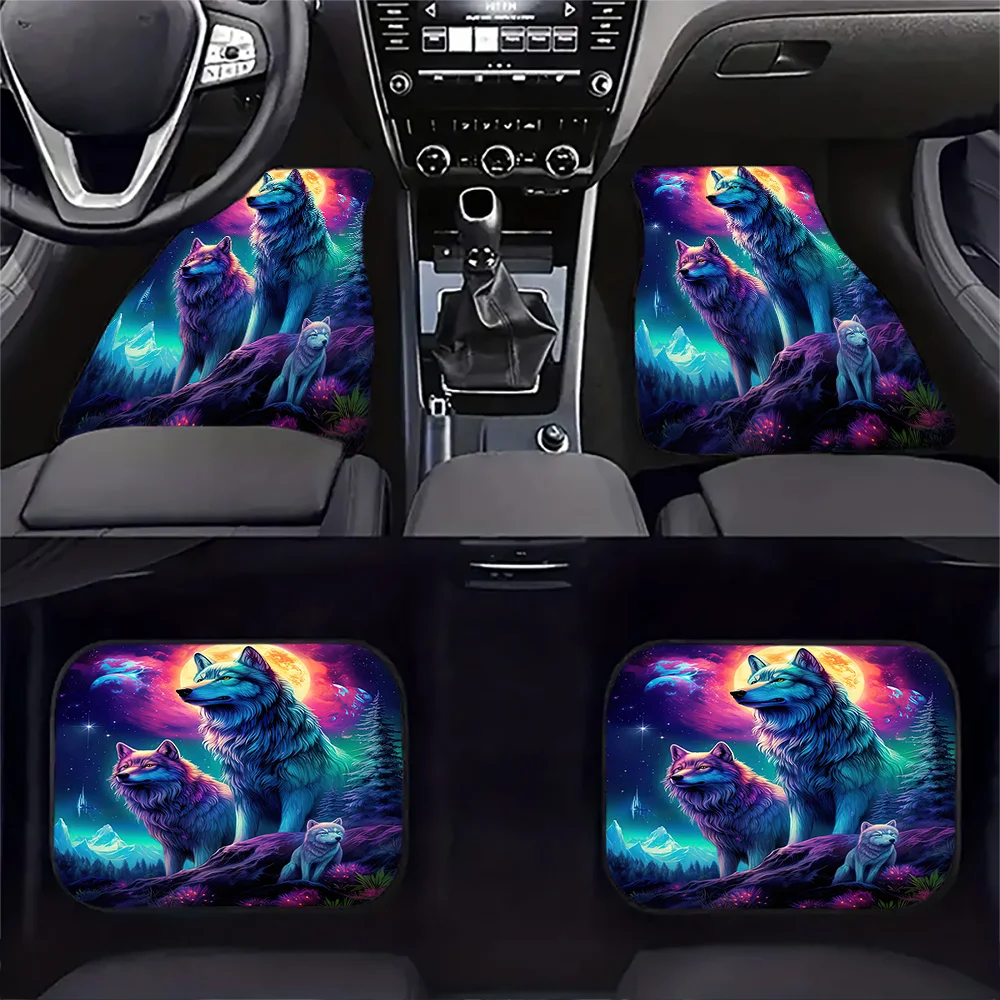 1pc/2pcs/4pcs Wolf Family Fantasy Car Foot Mats - Automotive Interior Decoration Accessories For All Vehicle Models Colorful Wol