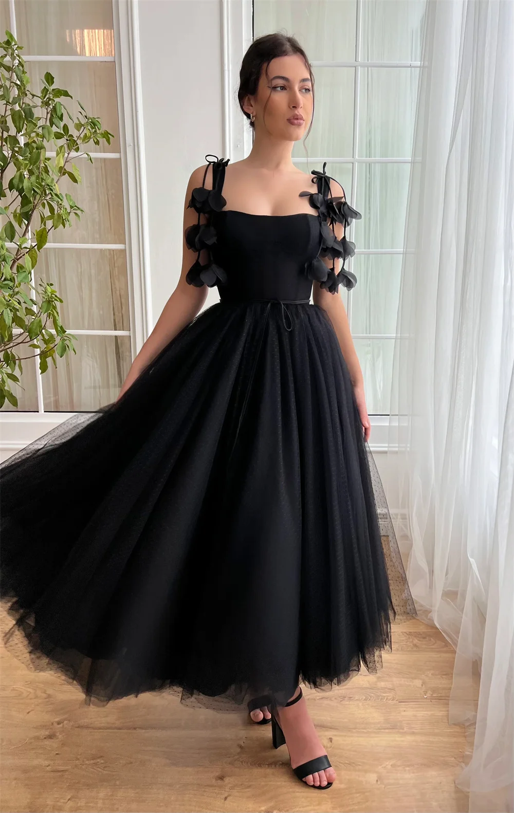 Black elegant suspender handmade floral skirt tulle mini graduation prom dress homecoming party dress formal occasion