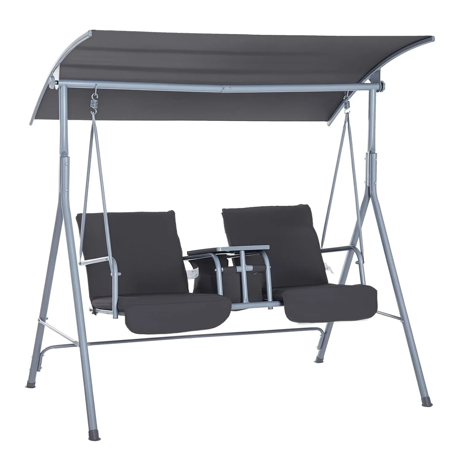 2 Person Outdoor Patio Porch Swing With Stand,Canopy,Pivot Storage Table,2 Cup Holders & Cushions, Customized