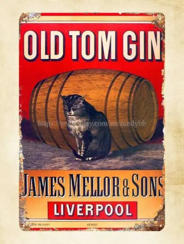 1p,Old Tom Gin Mellor & Son cat barrel liquor metal cowboy tin sign