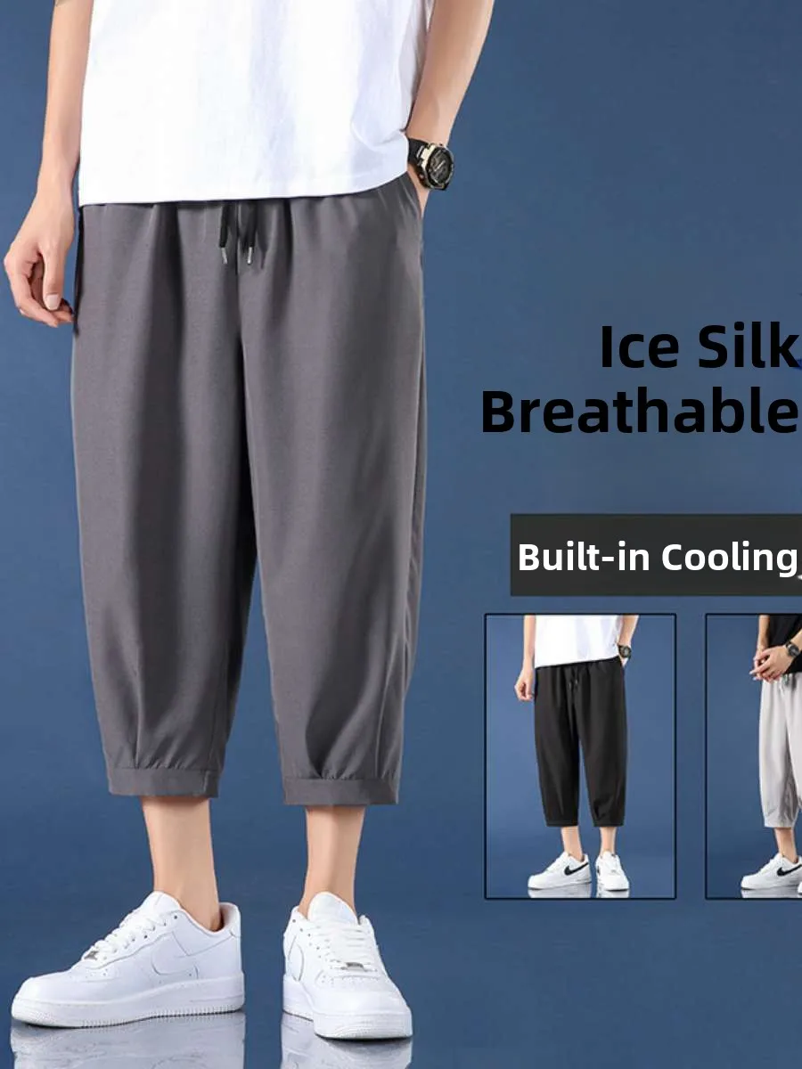 

Loose Men's Seven-Foot Ice Silk Casual Pants Thin Over-Knee Shorts Summer Cool Comfortable Loose-Fit Leisure Cuffed Trousers