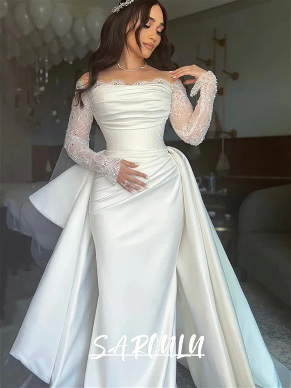 Elegant Satin Mermaid Wedding Dress with Off Shoulder Full Sleeves Long Maxi Plus Size Bride Dresses Customized Bridal Gown image 4