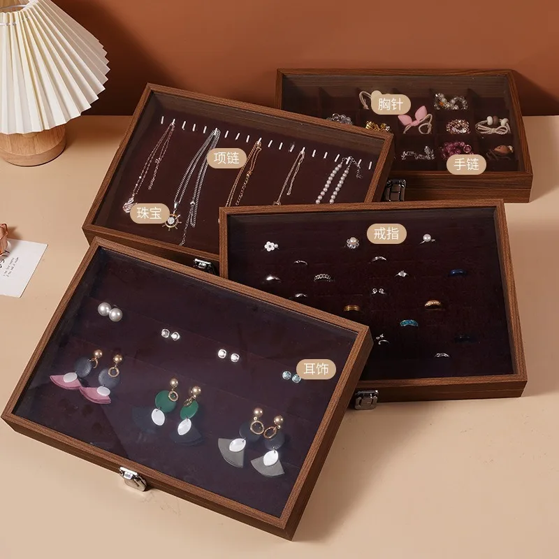 

1 шт., органайзер для ювелирных изделий из орехового дерева с крышкой, настольный ящик для хранения серег, колец, винтажная деревянная коробка ручной работы