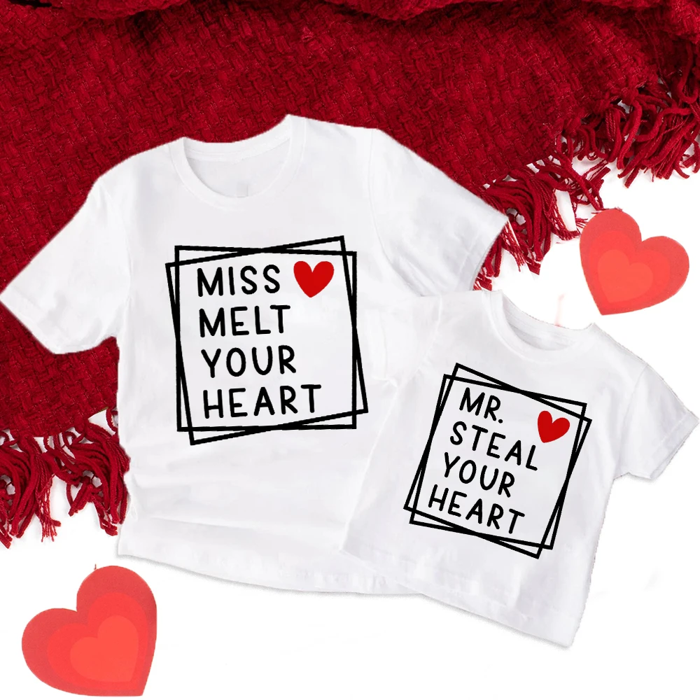 Miss Melt Your Heart Mr. Steal Your Heart Printed Kids Shirts Boys Girls Valentine's Day Outfit Child Short Sleeve T-shirt Tops