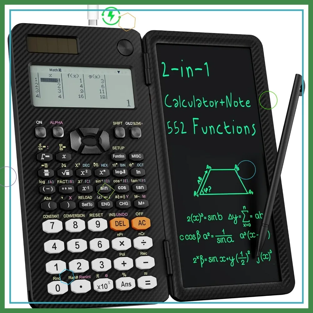 Calcolatrice scientifica con funzione 552 con tavoletta LCD, ricaricabile e energia solare, display a 6 linee per studenti