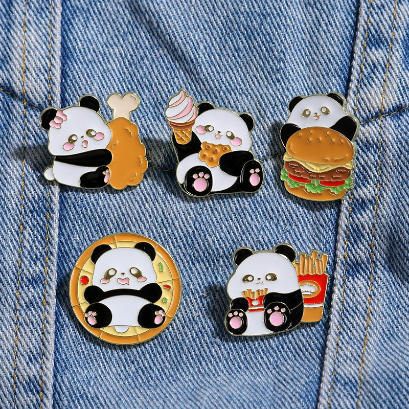 Cartoon Panda And Food Design Enamel Brooches Pizza Hamburger French Fries Ice-cream Pattern Panda Pins For Girls