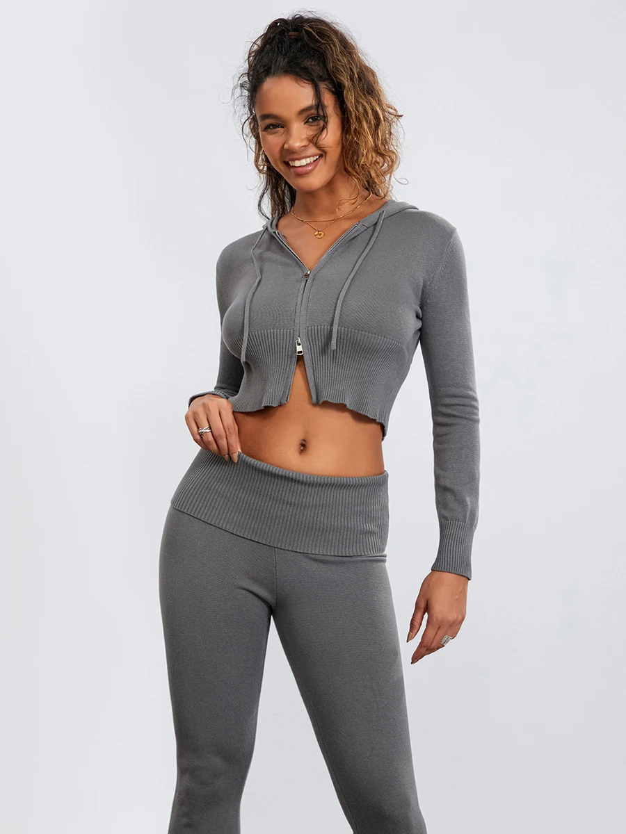 Women’s Two Piece Outfits Slim Set Long Sleeve Zip Up Cropped Hoodie and Bootcut Pants Set Solid Color Tracksuits y2k Loungewear